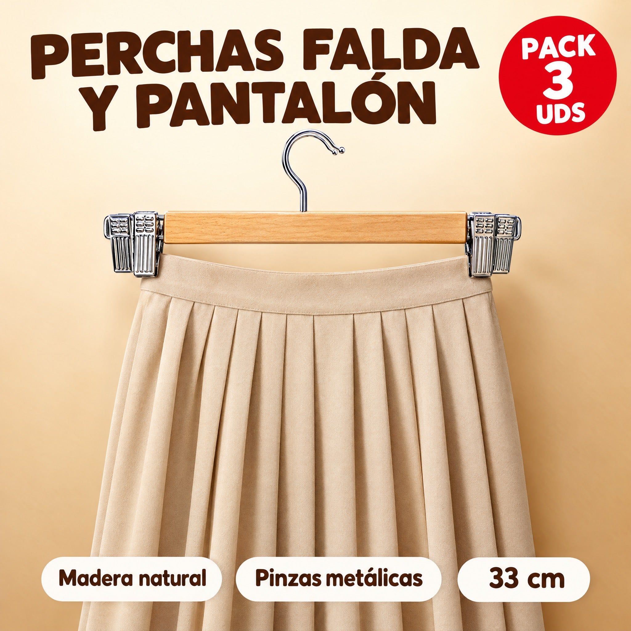 Perchas para falda y pantalón de madera con pinzas pack 3
