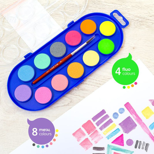 ACUARELA 12 COLORES FLUO-METAL MILAN 531512