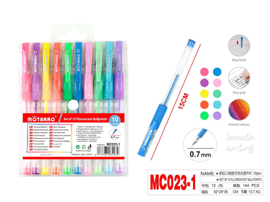 BOLSA DE BOLIGRAFOS FLUORECENTE 0.7MM 10PC