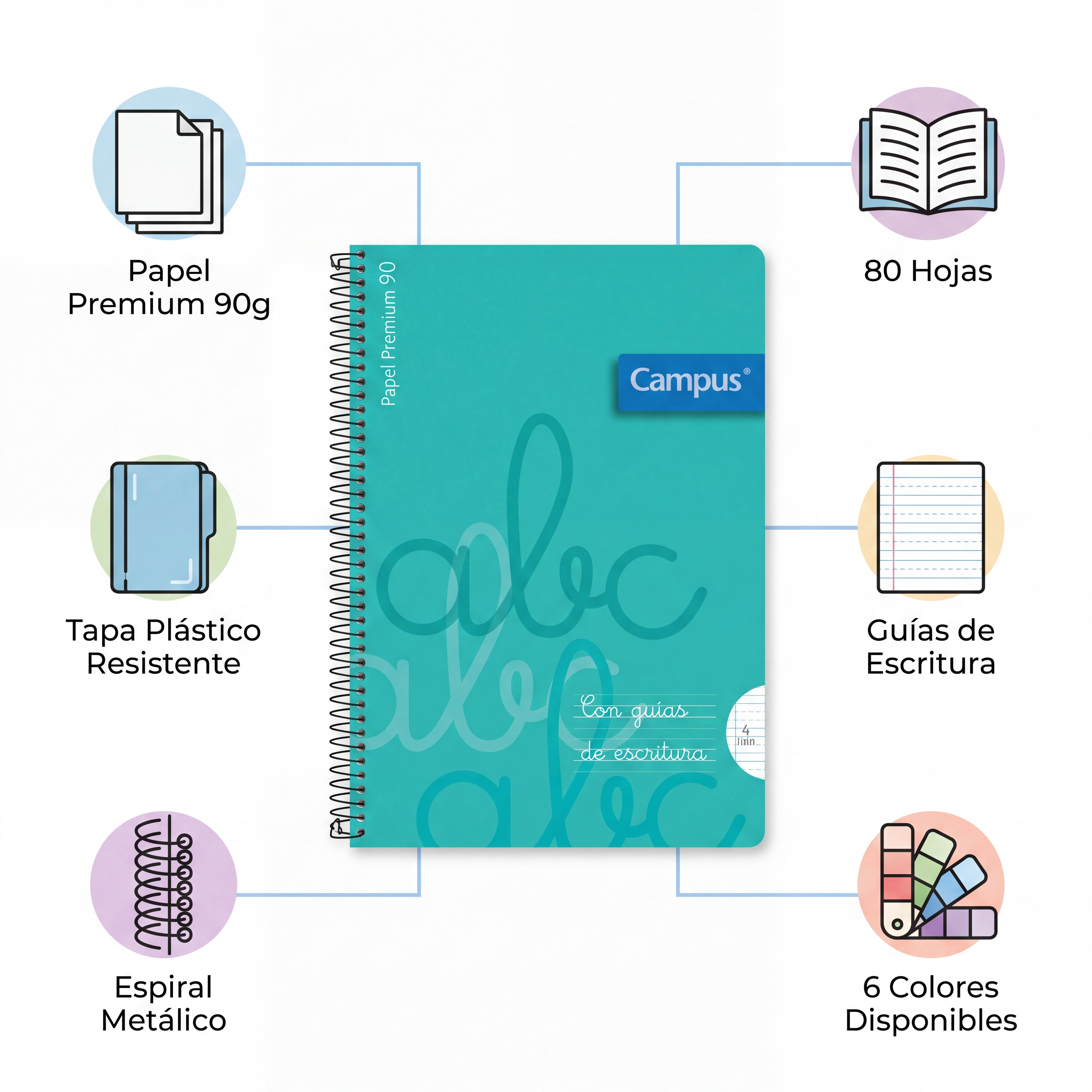 CAMPUS Premium 90 Cuadernos Espiral Tapa Plástico A4 — Pack 6 Colores