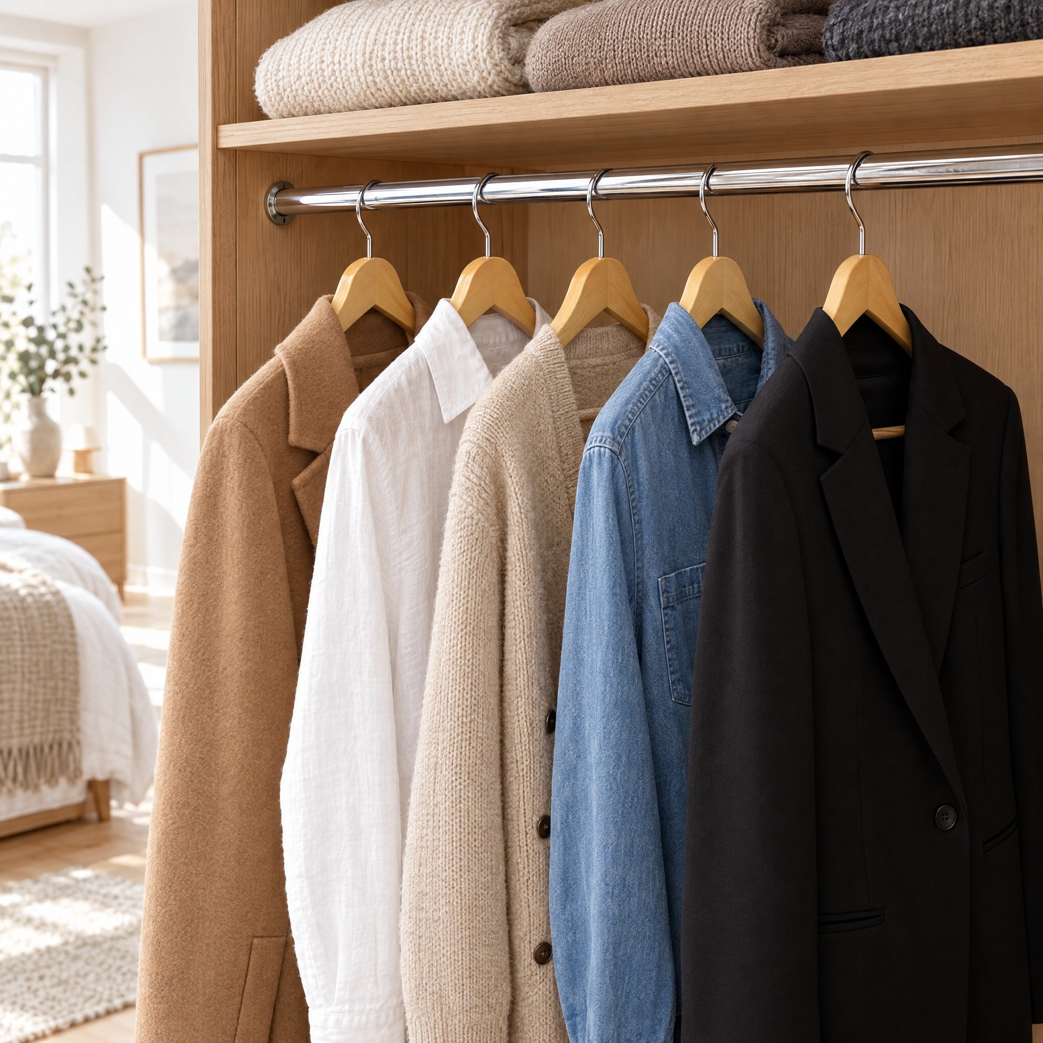 Perchas de madera en armario con abrigos y camisas