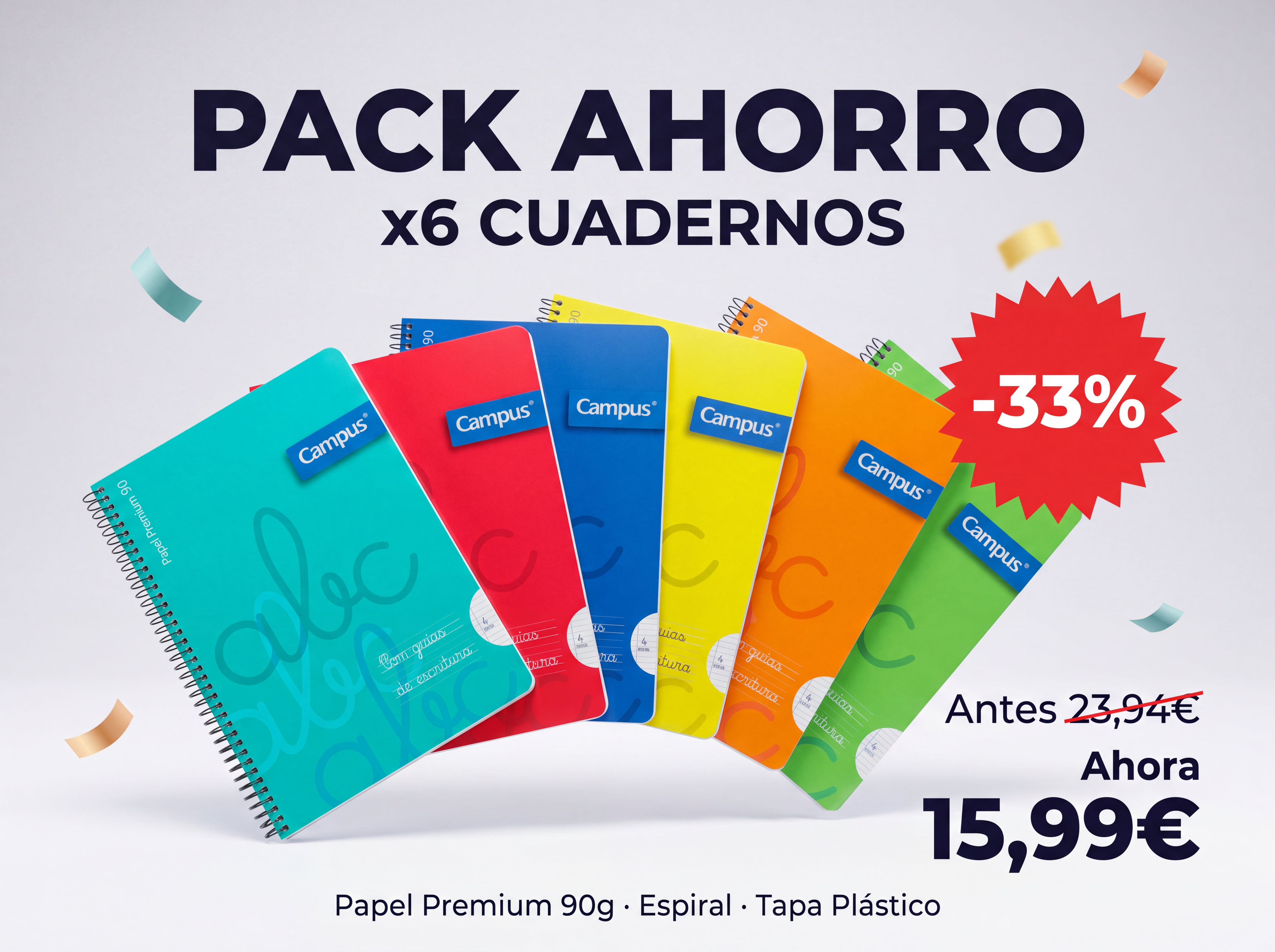 CAMPUS Premium 90 Cuadernos Espiral Tapa Plástico A4 — Pack 6 Colores