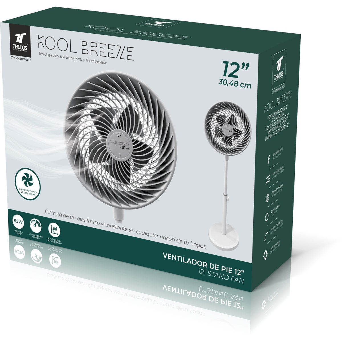 Ventilador fan de pie 12” Motor de alto rendimiento de 85W 5 aspas