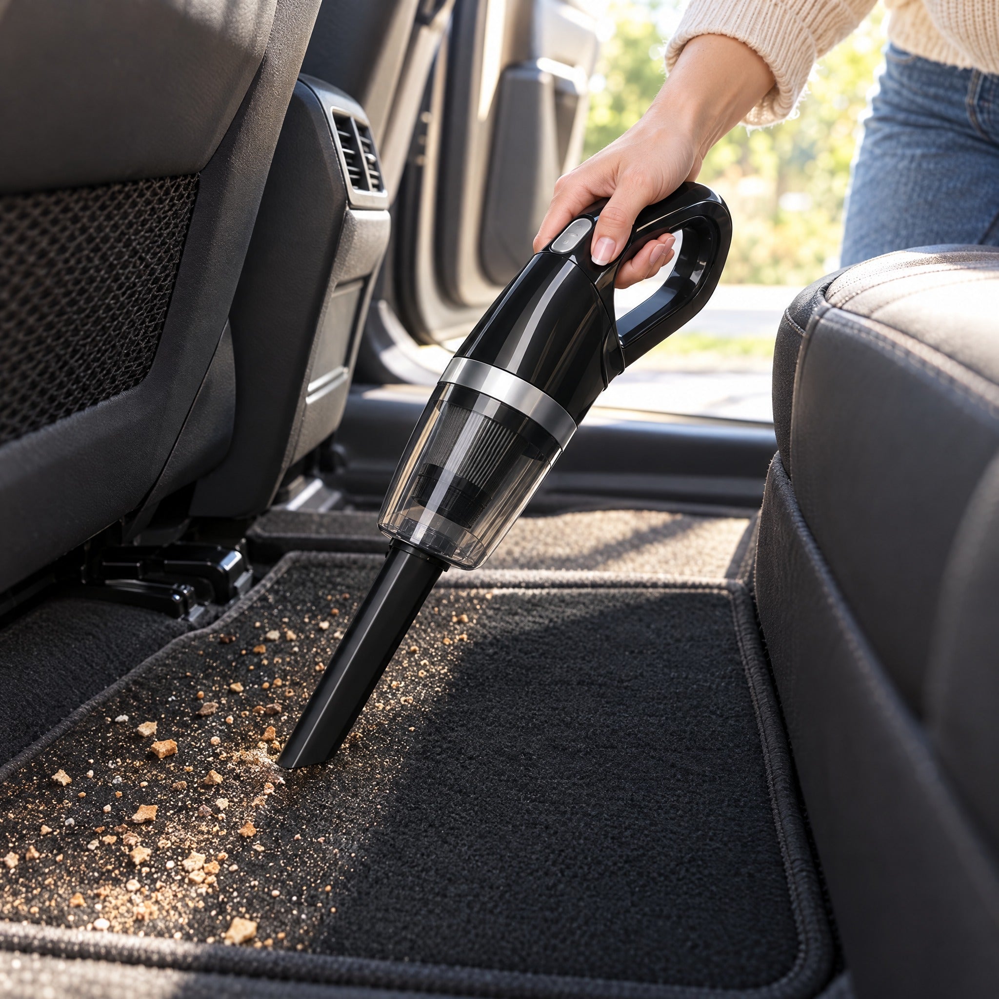 Aspirando migas de la alfombrilla del coche