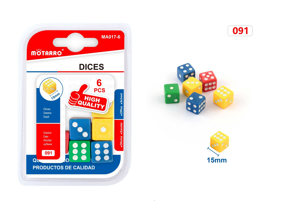 DADOS COLORES 15MM 6PCS