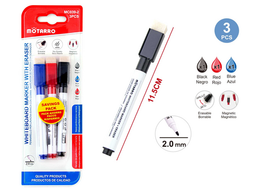 MARCADOR PIZARRA CON BORRADOR 3PCS COLOR