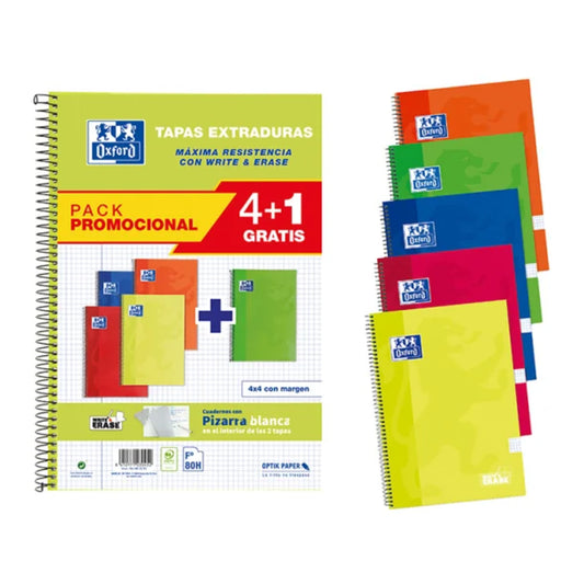Bloc Espiral Oxford Folio Tapa Extradura 80 Hojas. Pack 4+1