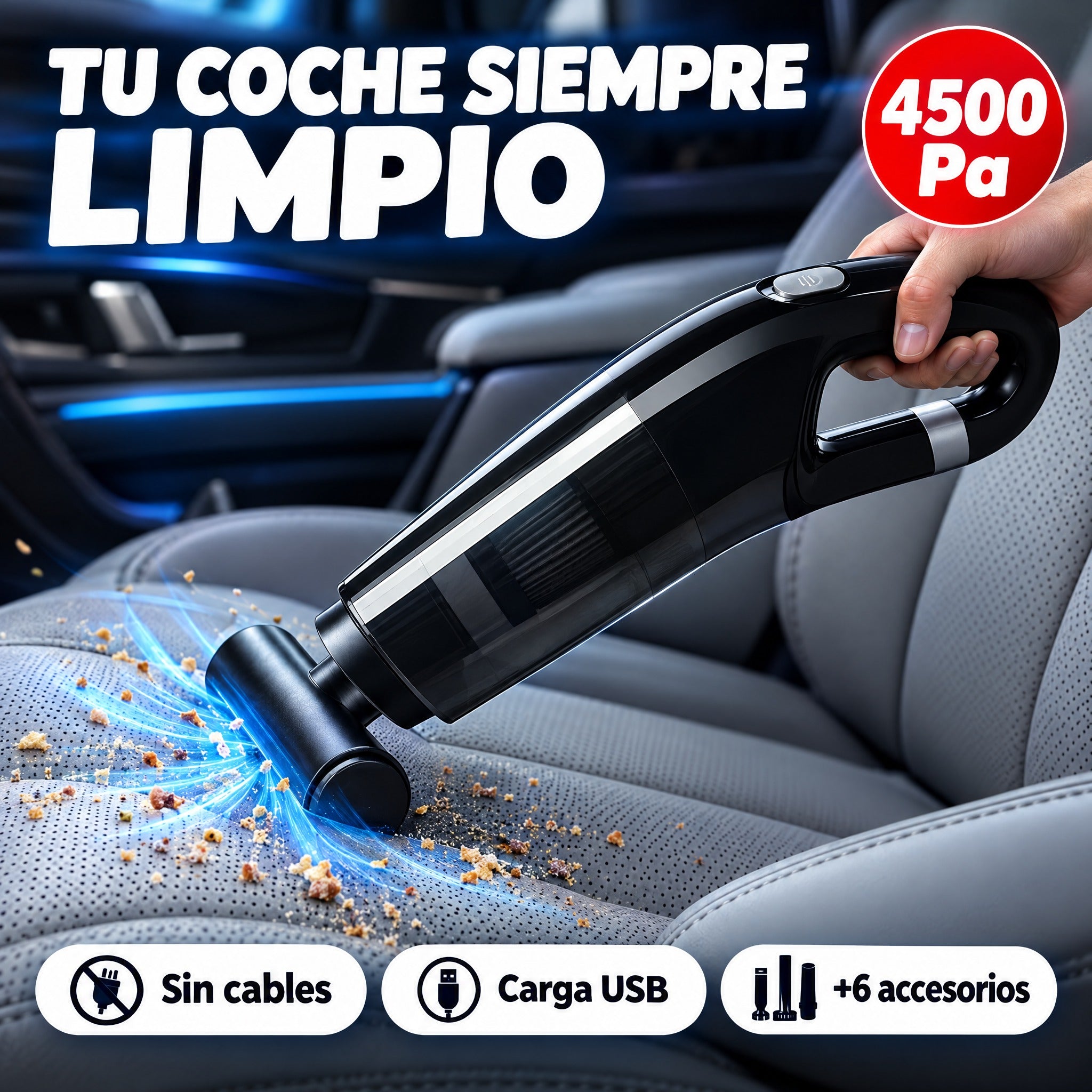 Aspiradora de coche sin cable 4500 Pa aspirando asiento