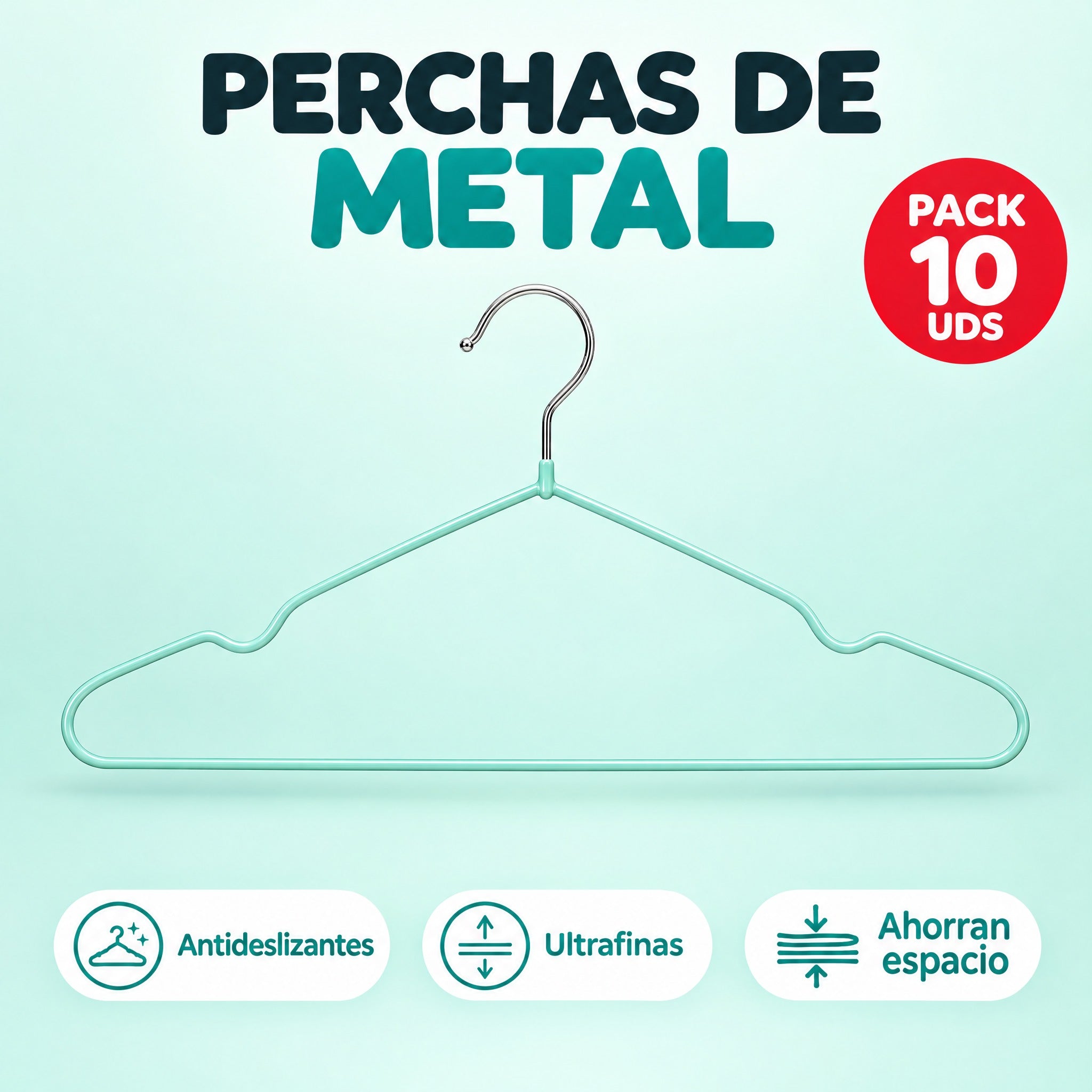 Perchas de metal turquesa pack 10 unidades antideslizantes