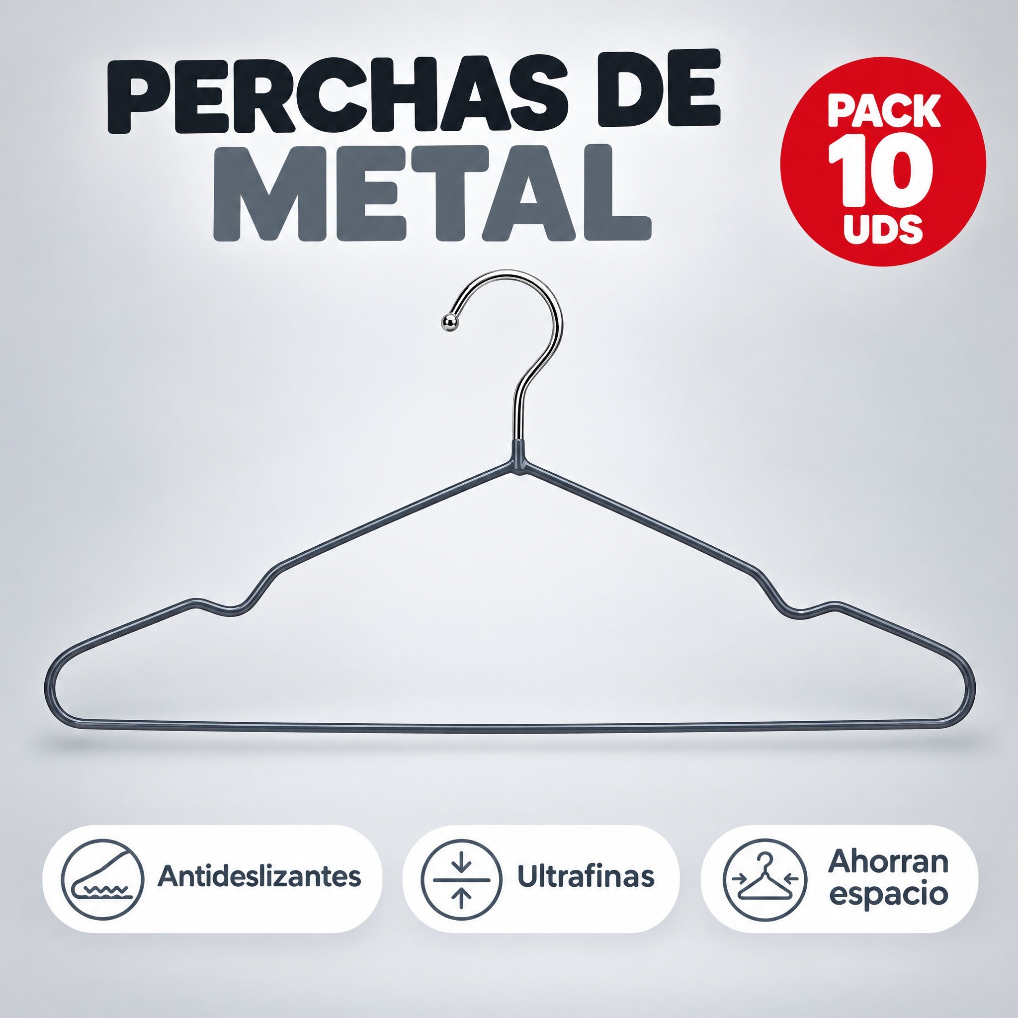 Perchas de metal gris pack 10 unidades antideslizantes