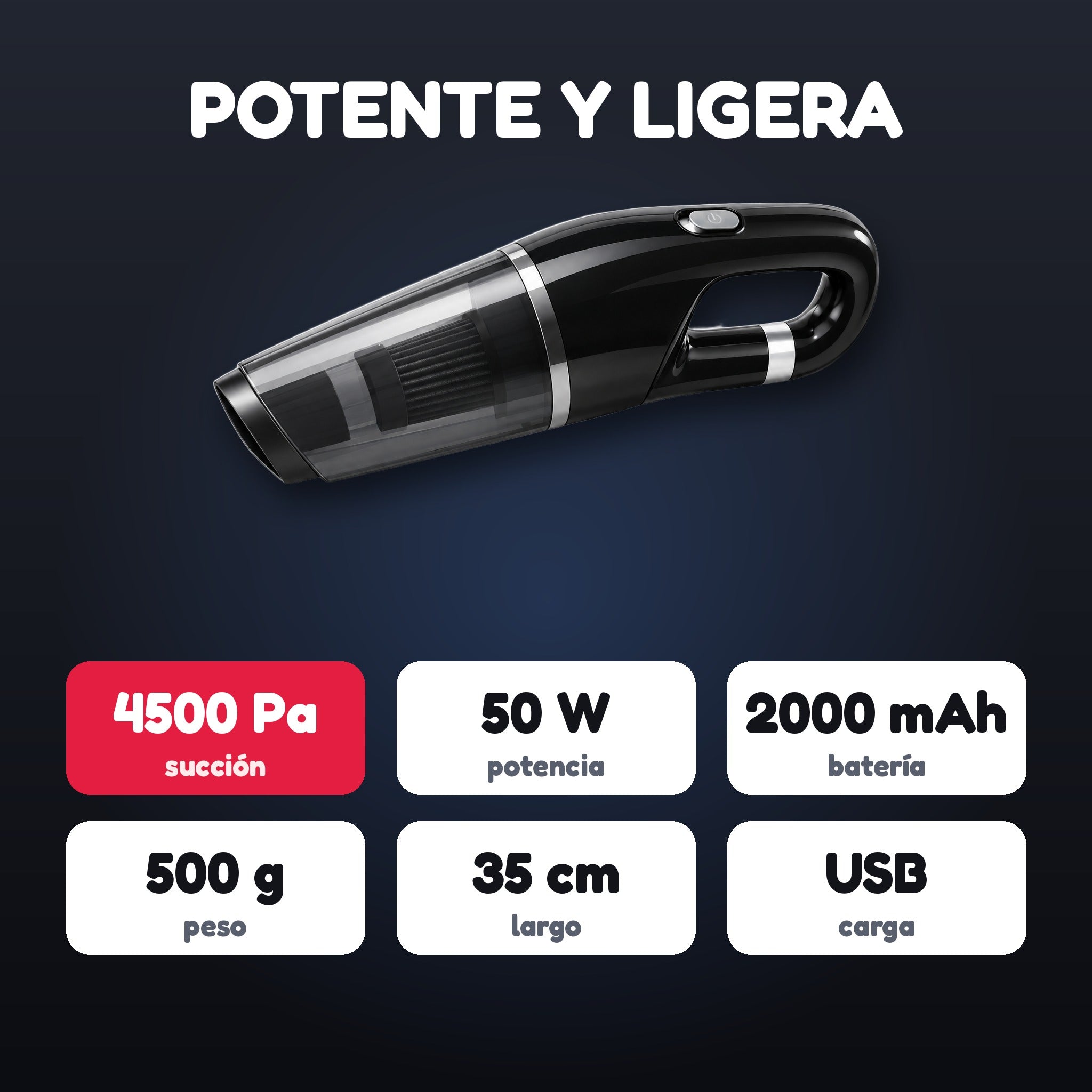 Características aspiradora coche 4500 Pa 2000 mAh 500 g
