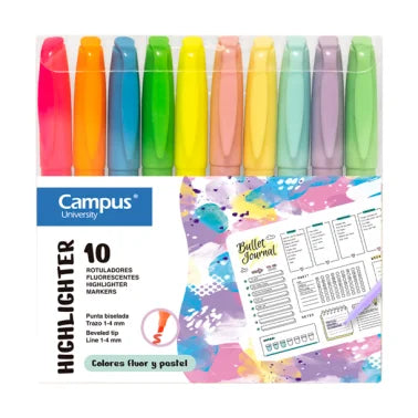 Marcador Fluorescente Pen Highlighter Campus University Colores Neón + Pastel 10 unid.