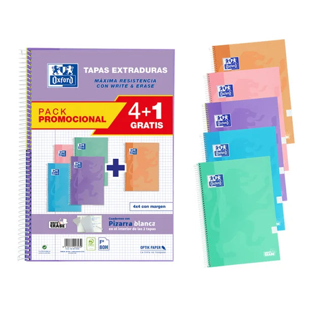 Bloc Espiral Oxford Fº Tapa Extradura 80 Hojas 90g Cuadrícula 4 mm Pack 4+1