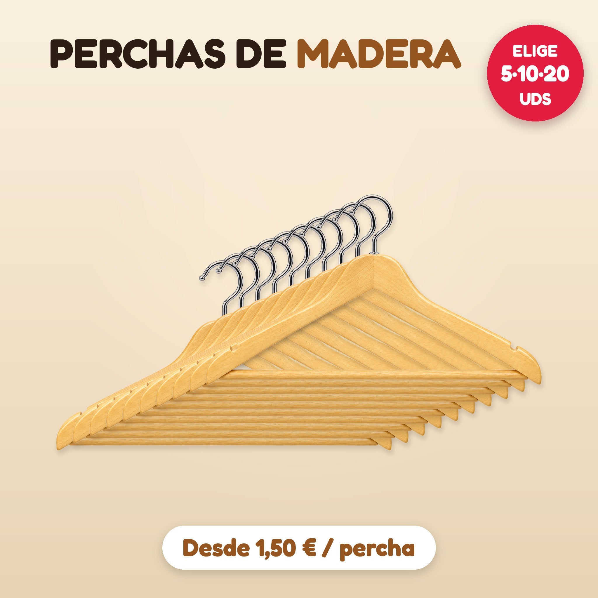 Perchas de madera elige pack 5, 10 o 20