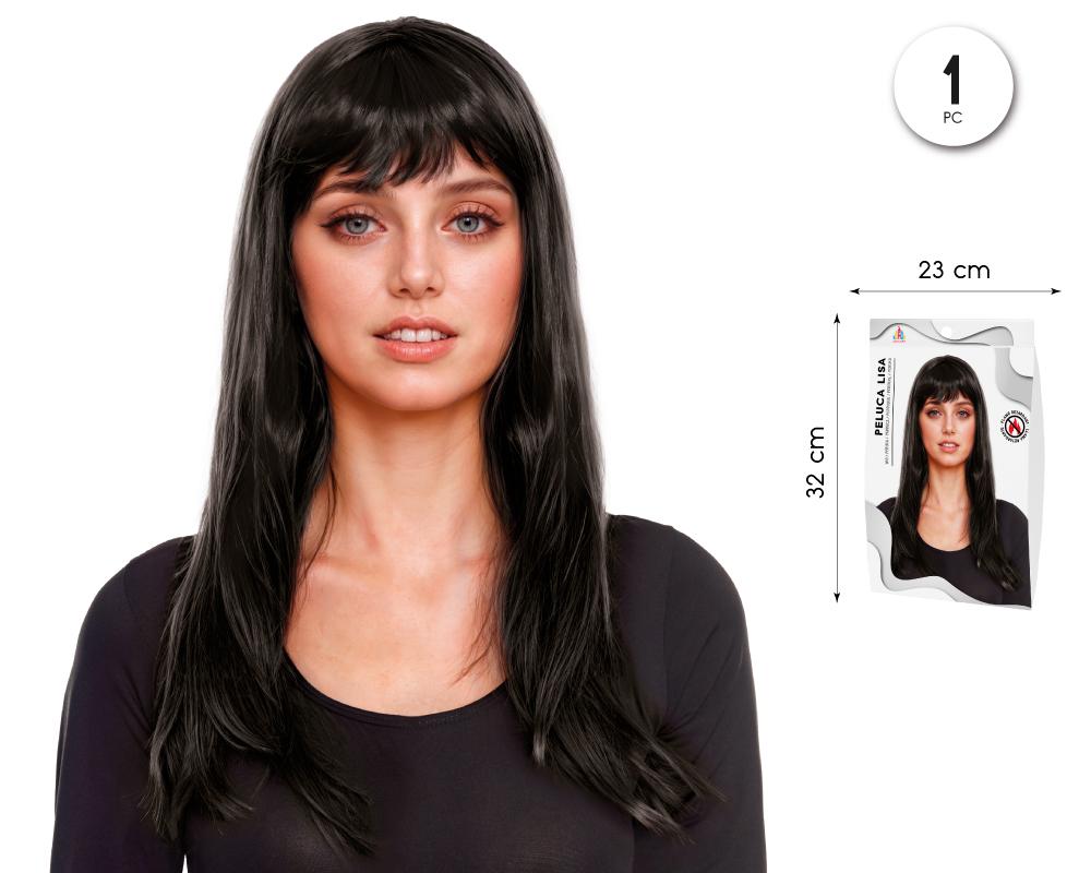 Peluca Lisa Negra para Disfraces y Fiestas