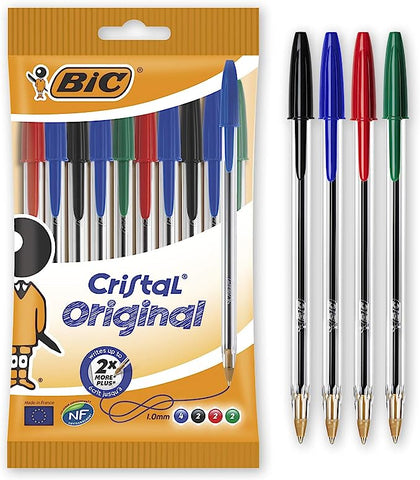 BIC Cristal Original - Bolígrafos punta media, 1.0 mm, Blíster de 10 unidades, Multicolor