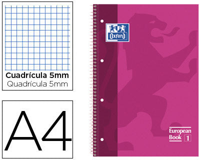 Bloc espiral Oxford A4+ Tapa Extradura 80 Hojas 90g Cuadrícula 5 mm Fucsia