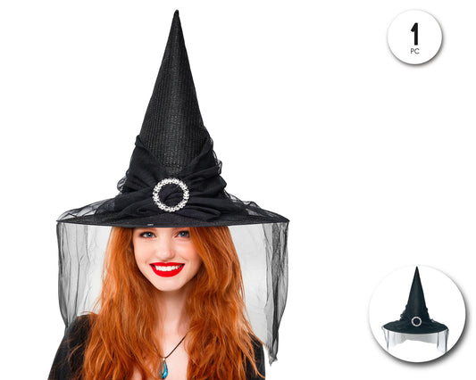 SOMBRERO BRUJA LUREX NEGRO HEBILLA CON TUL