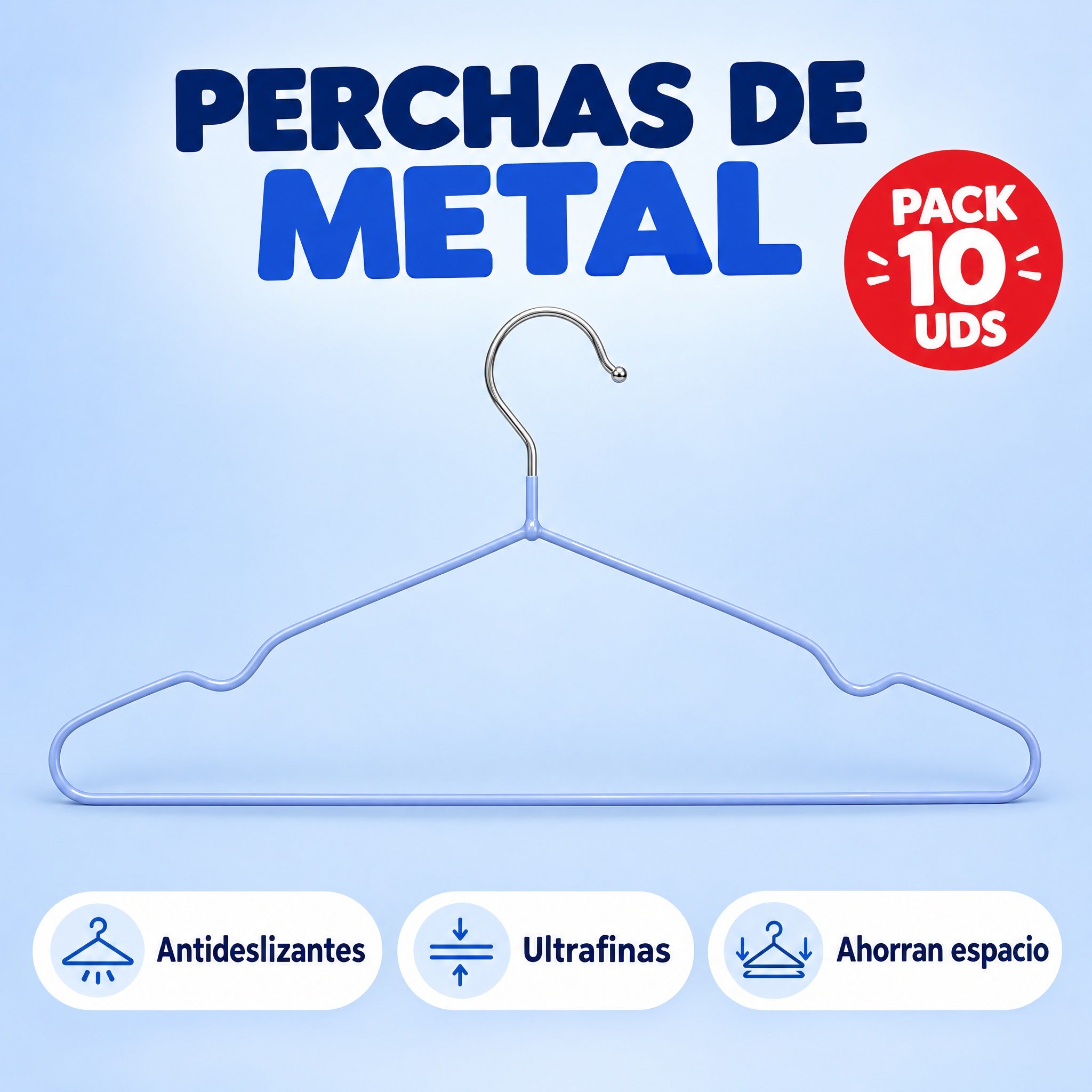 Perchas de metal azul pack 10 unidades antideslizantes
