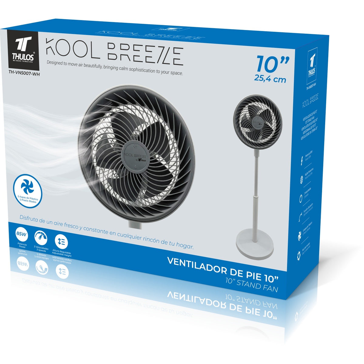 Ventilador fan de pie 10" Motor de alto rendimiento de 85W 5 aspas