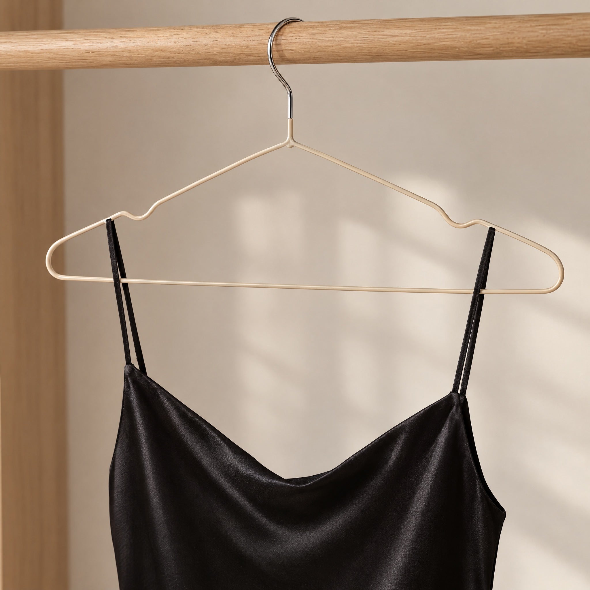 Detalle percha de metal beige con prenda