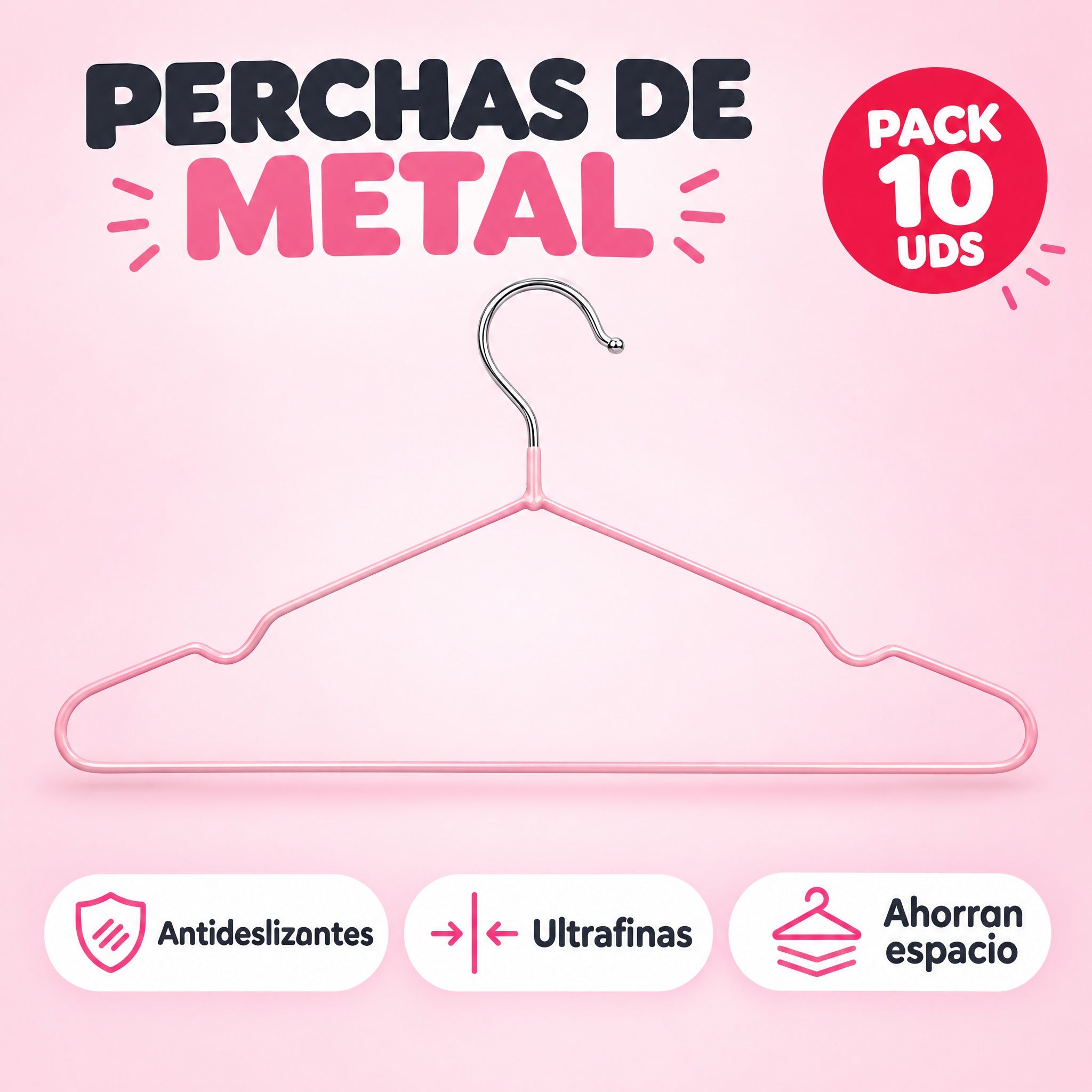 Perchas de metal rosa pack 10 unidades antideslizantes