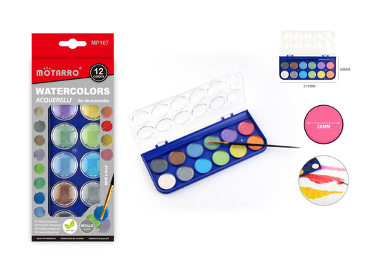 ACUARELA 12 COLORES + PINCEL COLOR METALIZADOS