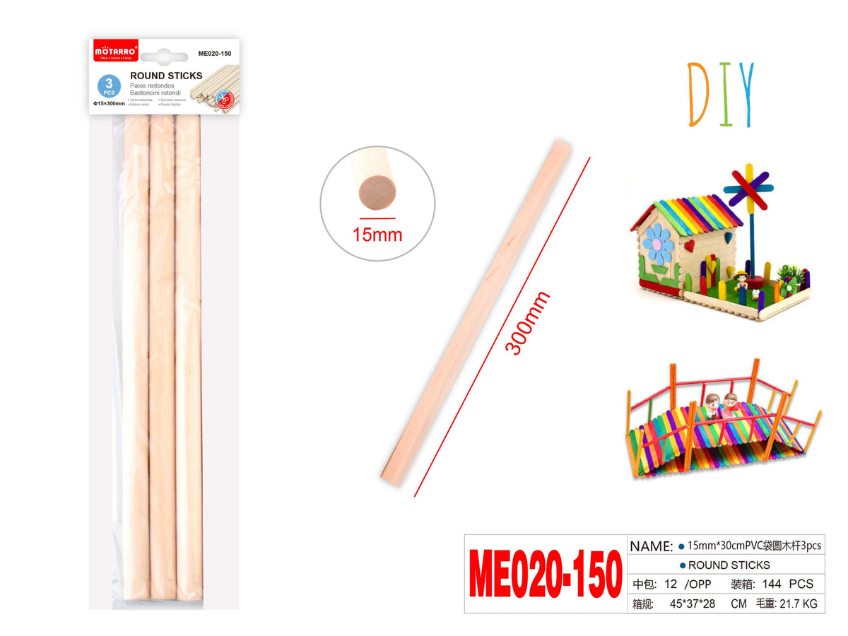 PALOS DE MADERA REDONDO 15MM*30CM 3PCS