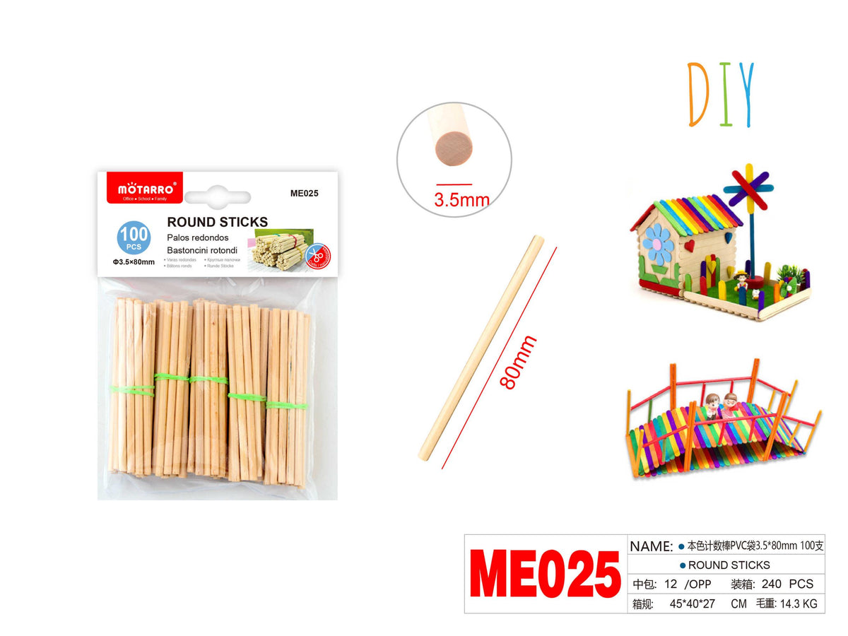 PALITOS DE MADERA REDONDO 3.5*80MM 100PCS