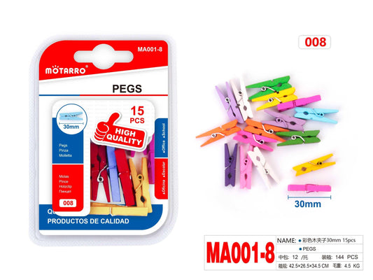 PINZA MADERA COLORES 30mm 15pcs
