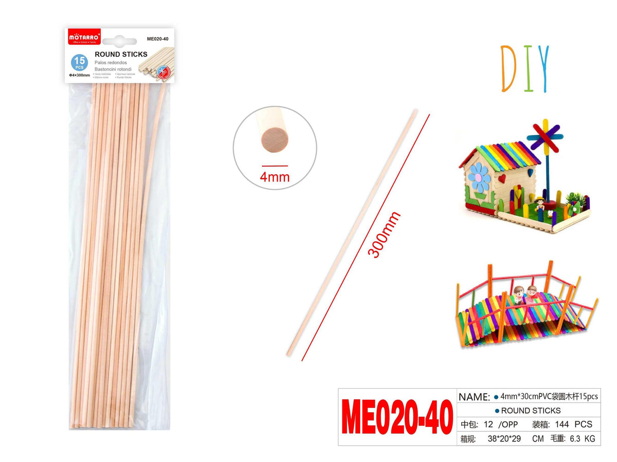 PALOS MADERA REDONDO 300X4MM 15PCS