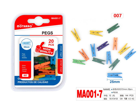 PINZA MADERA COLORES 25mm 20pcs