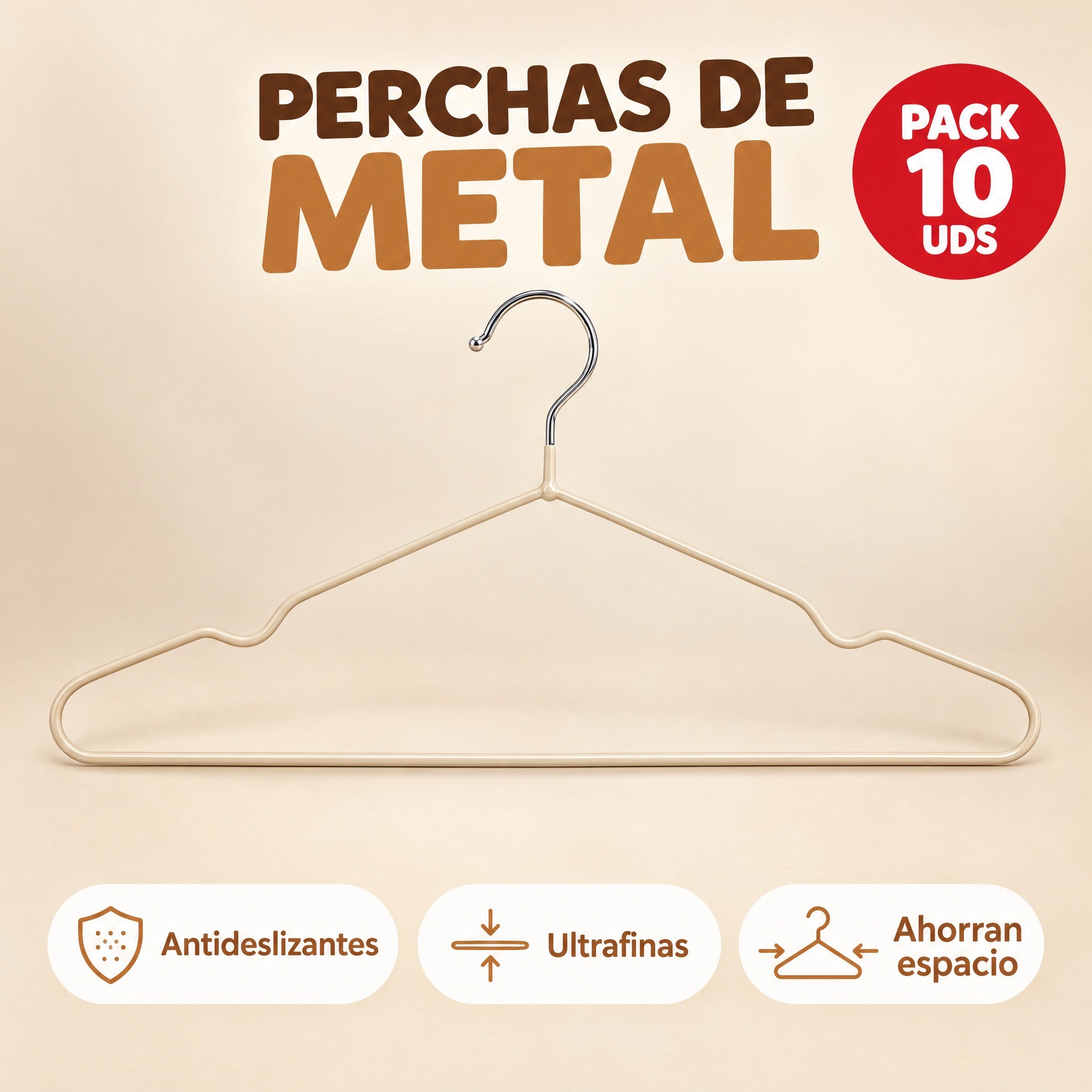 Perchas de metal beige pack 10 unidades antideslizantes