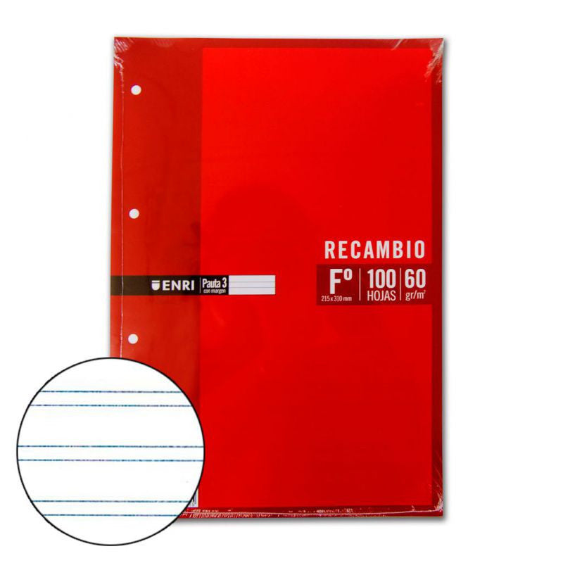RECAMBIO FOLIO 2 RAYAS PAUTA 3 MM 100 HOJAS 60 GR