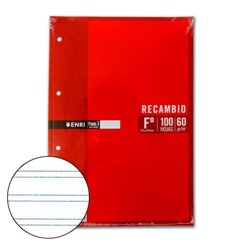 RECAMBIO FOLIO 2 RAYAS PAUTA 3 MM 100 HOJAS 60 GR